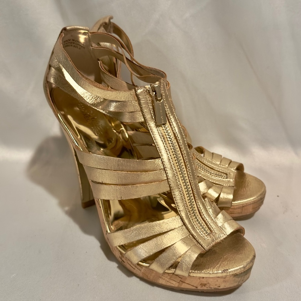 Vintage Gold Leather Gladiator Pumps Peep Toe Cork Platform Size 9